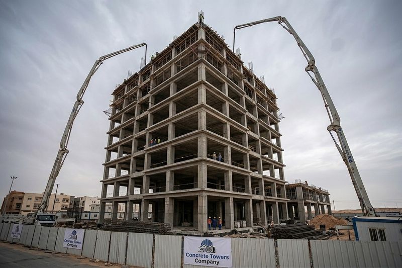 هيكل مبنى خرساني مسلح متعدد الطوابق أثناء الإنشاء مع مضختي خرسانة